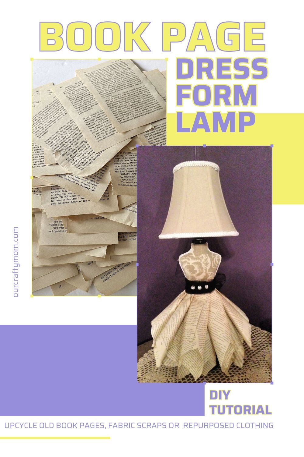 DIY Book Page Dress Form Lamp pin collage with text