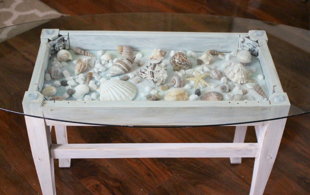 sea shell shadow box table with glass top