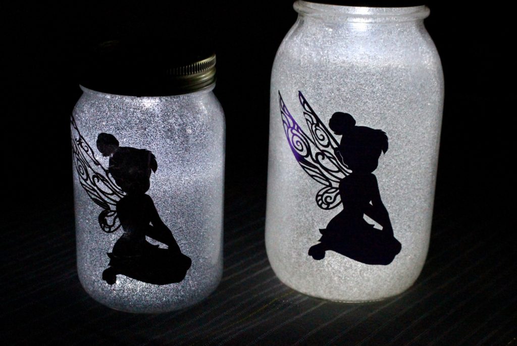 tinkerbell mason jars with glitter and light
