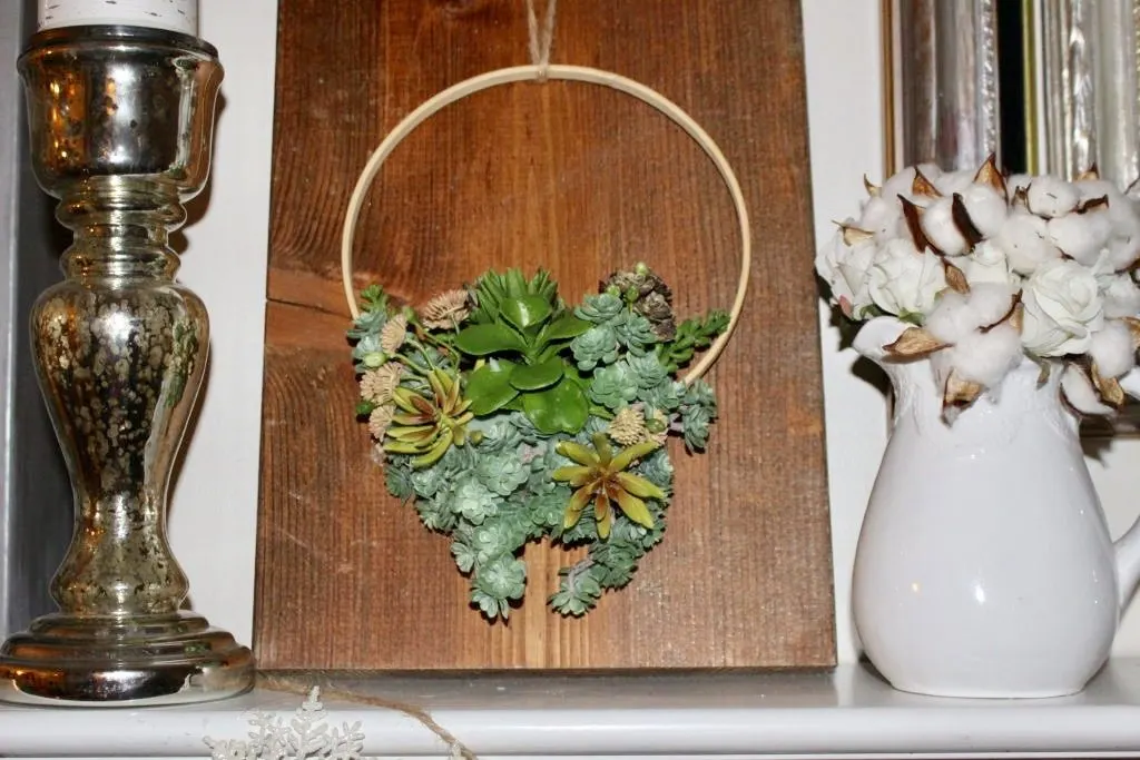 DIY Faux Succulent Embroidery Hoop Wreath on wood board
