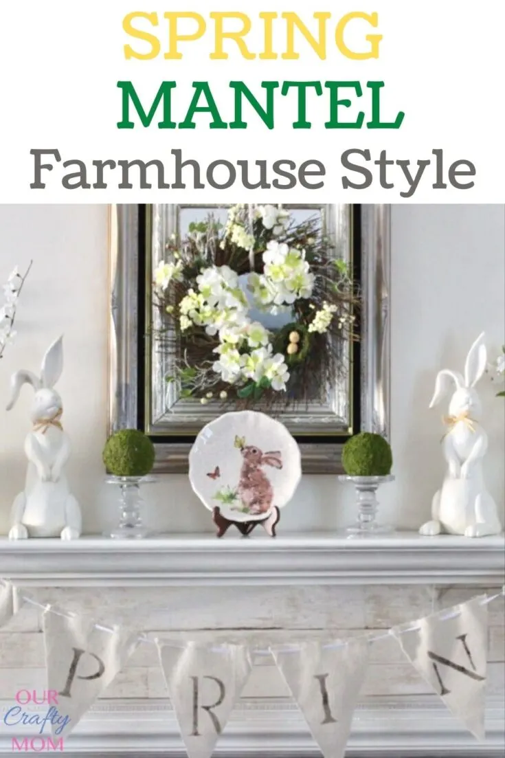 spring mantel with white bunnies and banner