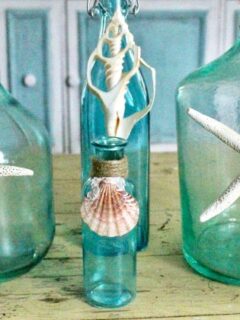 set of four bottles with star fish and sea shells painted blue on coffee table