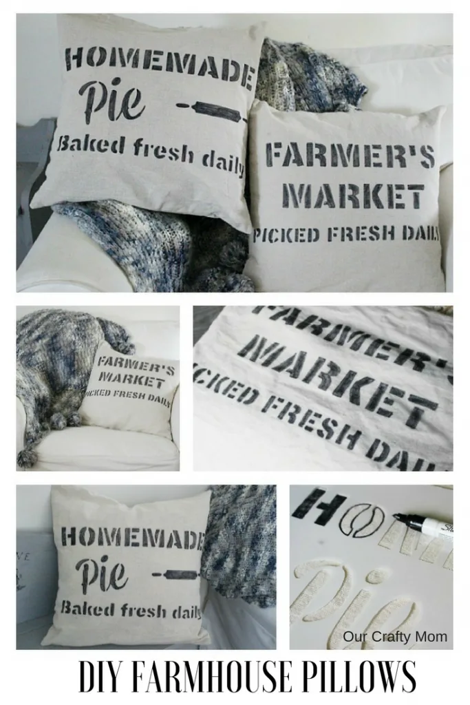 We are back with our Monthly Crafty Destash challenge and I am sharing DIY Farmhouse Stenciled Pillows Our Crafty Mom