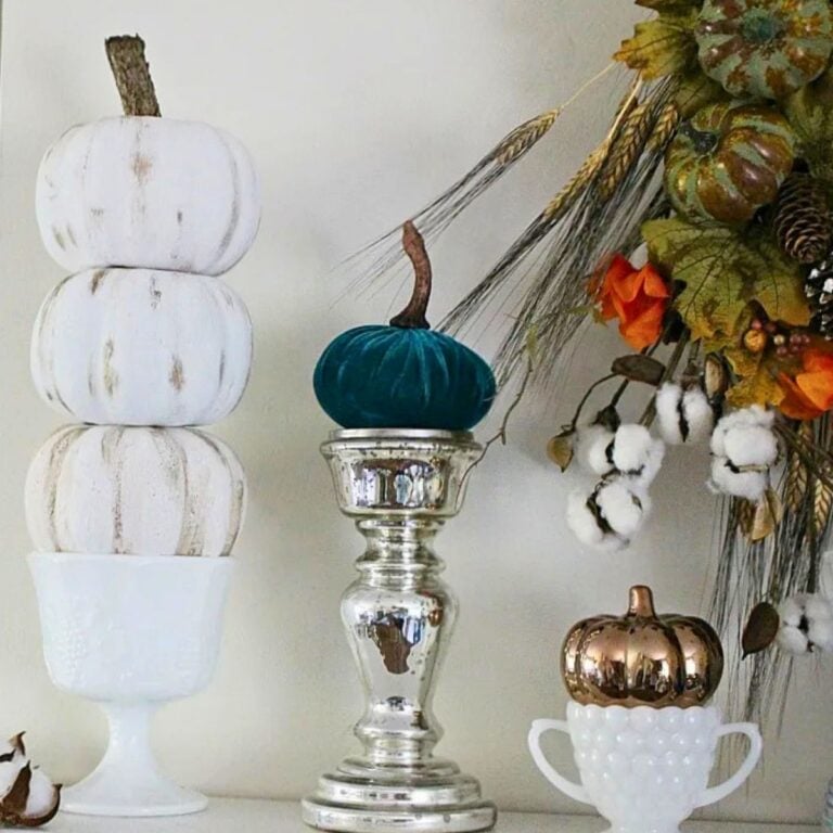 3 pumpkin fall topiary in milk glass container