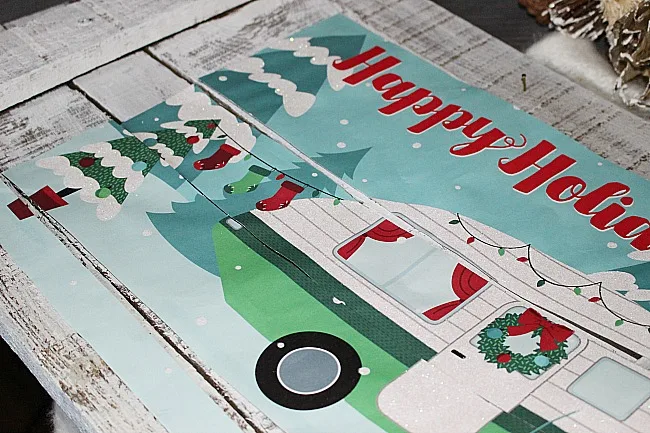 Dollar Store Christmas Camper-Pallet Wood Sign Our Crafty Mom #retrocamper #dollarstore #12daysofchristmas 