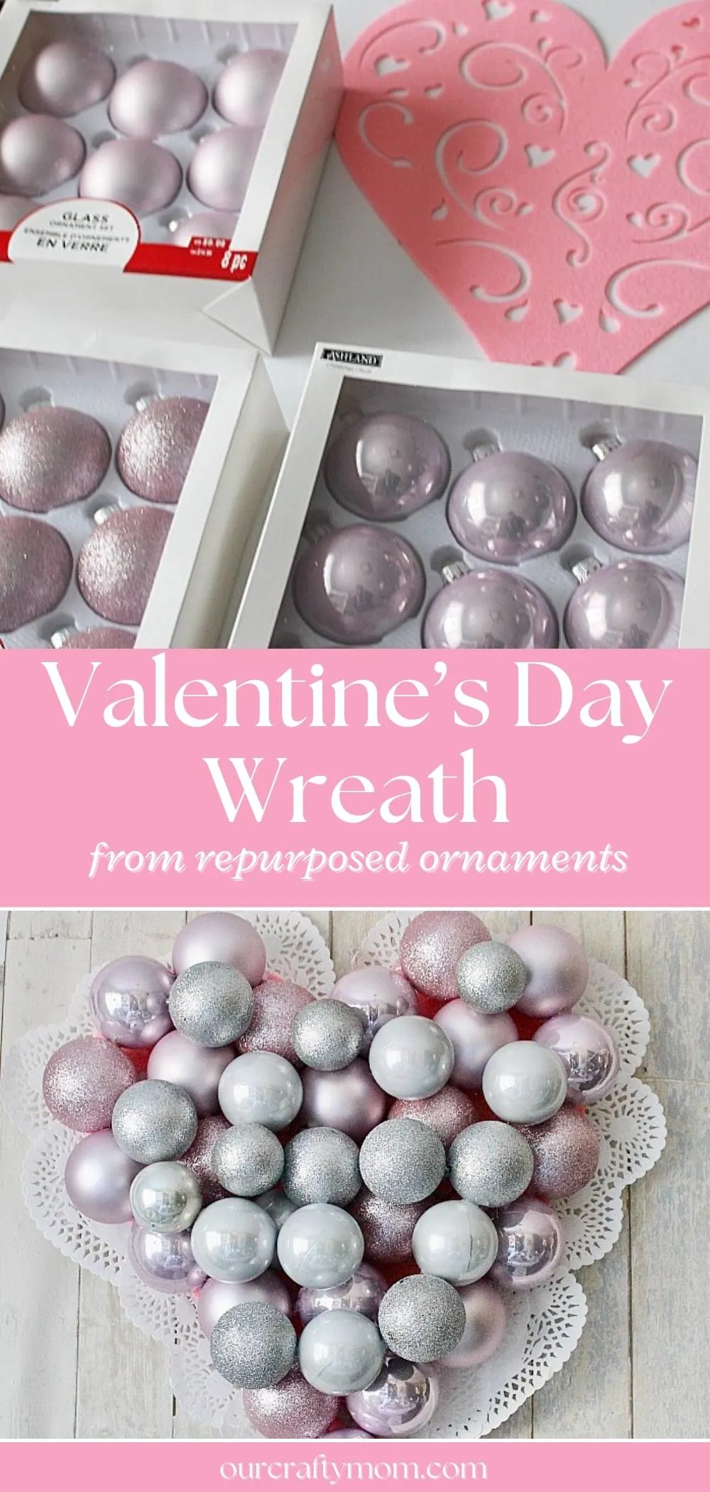 pin collage with supplies for valentine's day wreath