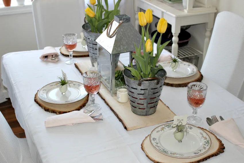 Set A Modern Farmhouse Style Spring Tablescape Our Crafty Mom #springtablescape #farmhousestyle #farmhousedecor