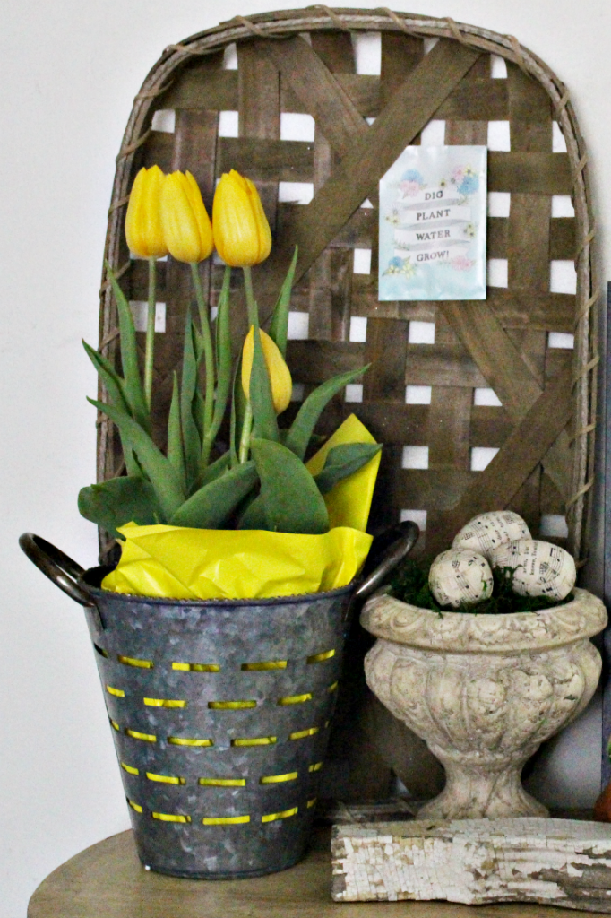 Create A Pretty Farmhouse Spring Vignette With Tulips Our Crafty Mom #spring #tulips