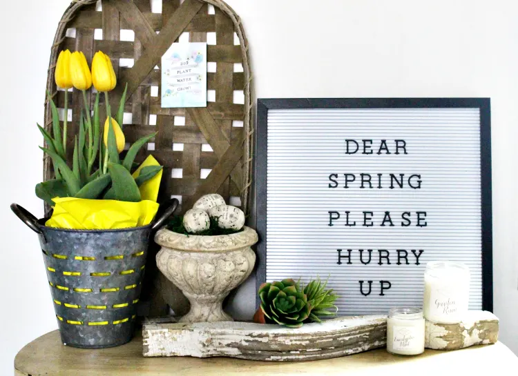 Create A Pretty Farmhouse Spring Vignette With Tulips Our Crafty Mom #spring #tulips