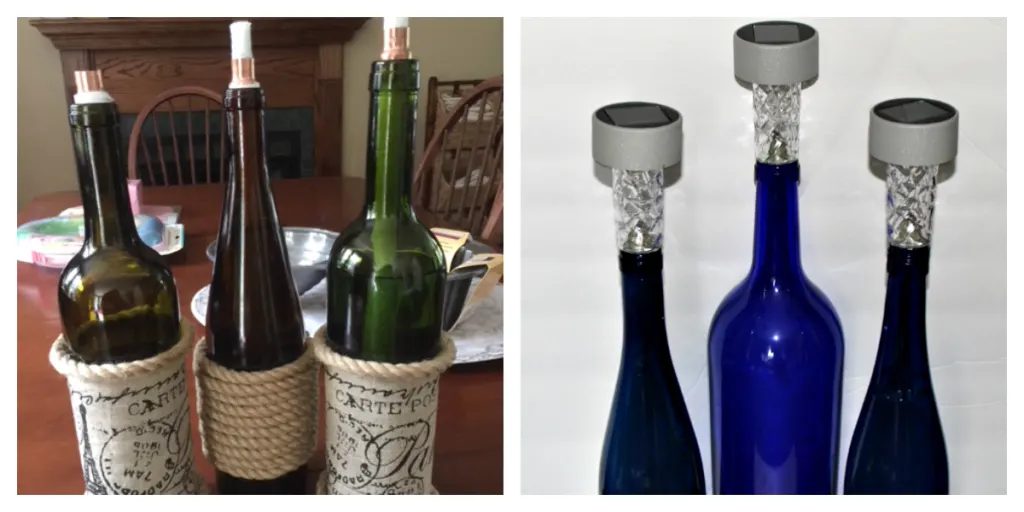 How To Make DIY Wine Bottle Tiki Torches And Solar Lights Our Crafty Mom #farmhousehens #winebottlecrafts #repurposed #tikitorches #solarlights