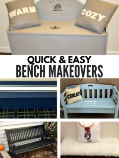 5 Quick And Easy DIY Bench Makeovers #ourcraftymom #refinishedbench #farmhousestyle #farmhousehens #diy