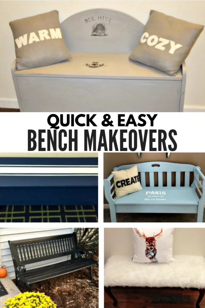 5 Quick And Easy DIY Bench Makeovers #ourcraftymom #refinishedbench #farmhousestyle #farmhousehens #diy 