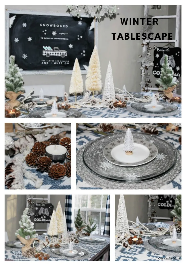 Winter Tablescape With Rustic Elements including pine cones, bottle brush trees and diy chalkboards #ourcraftymom