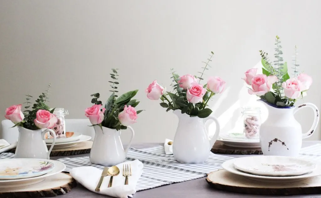 Pink Roses In White Pitchers Spring Tablescape Our Crafty Mom