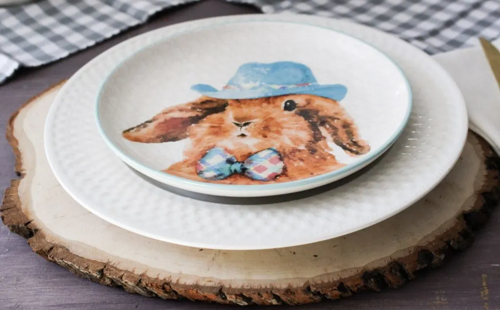 bunny spring dishes used in tablescape our crafty mom