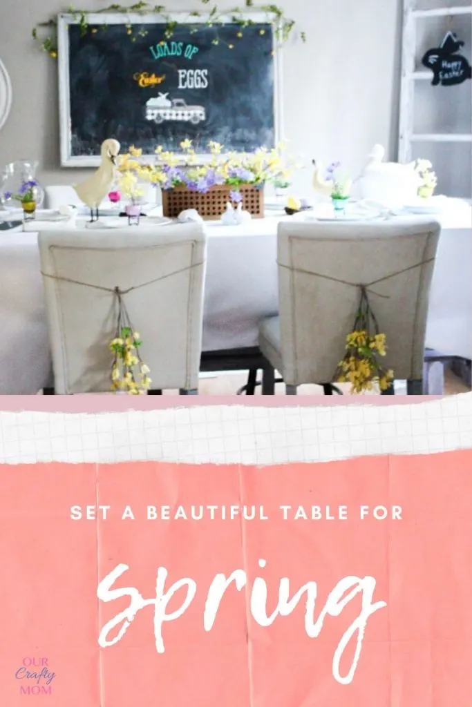 easter tablescape with yellow flowers on white chairs