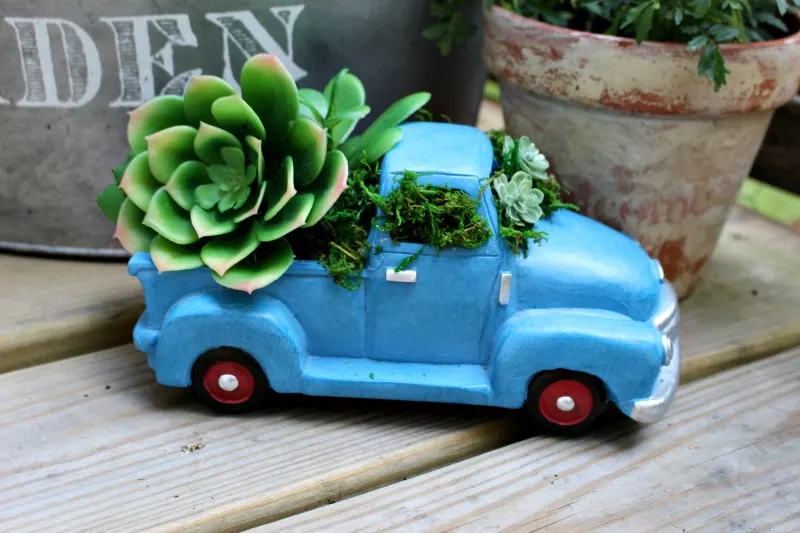 Finished blue truck succulent planter