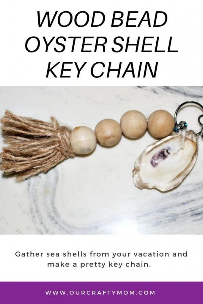 wood bead key chain with oyster shell