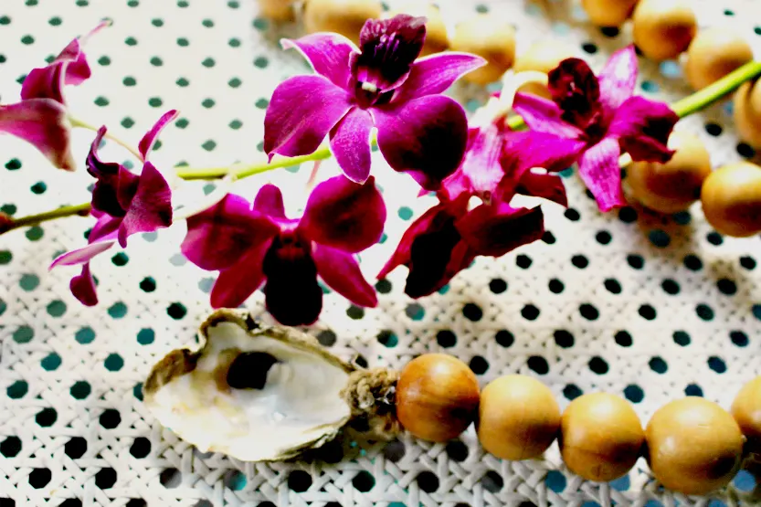 wood beads with orchid