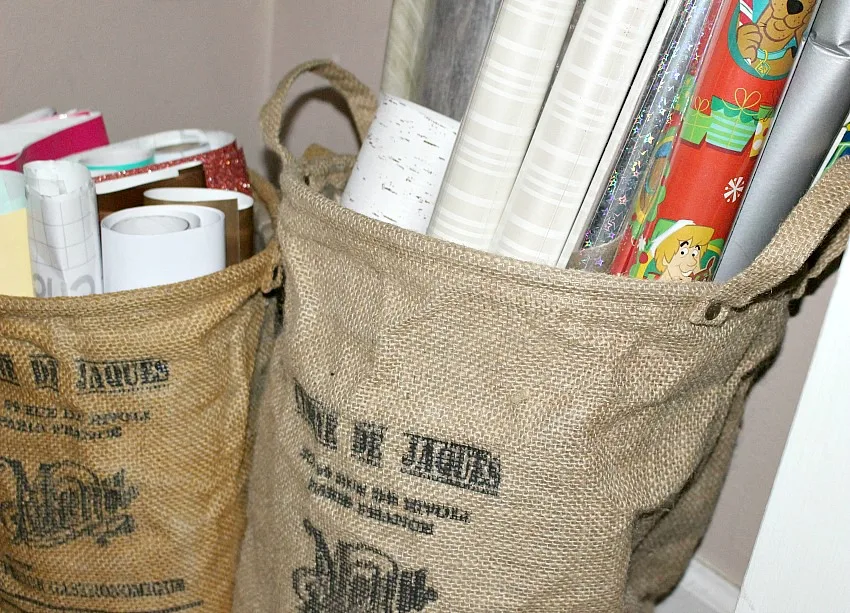 burlap bags holding craft vinyl