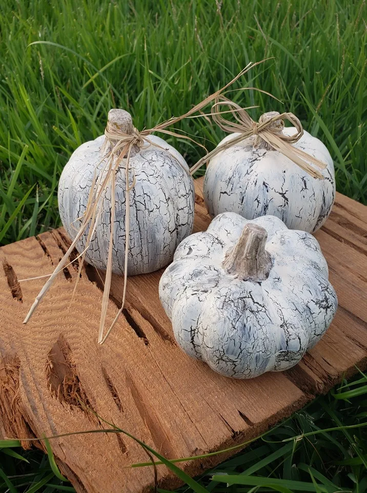 dollar store pumpkins painted with crackle paint