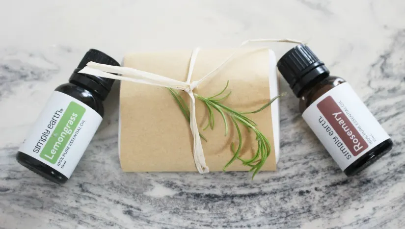 rosemary and lemongrass soap wrapped in kraft paper