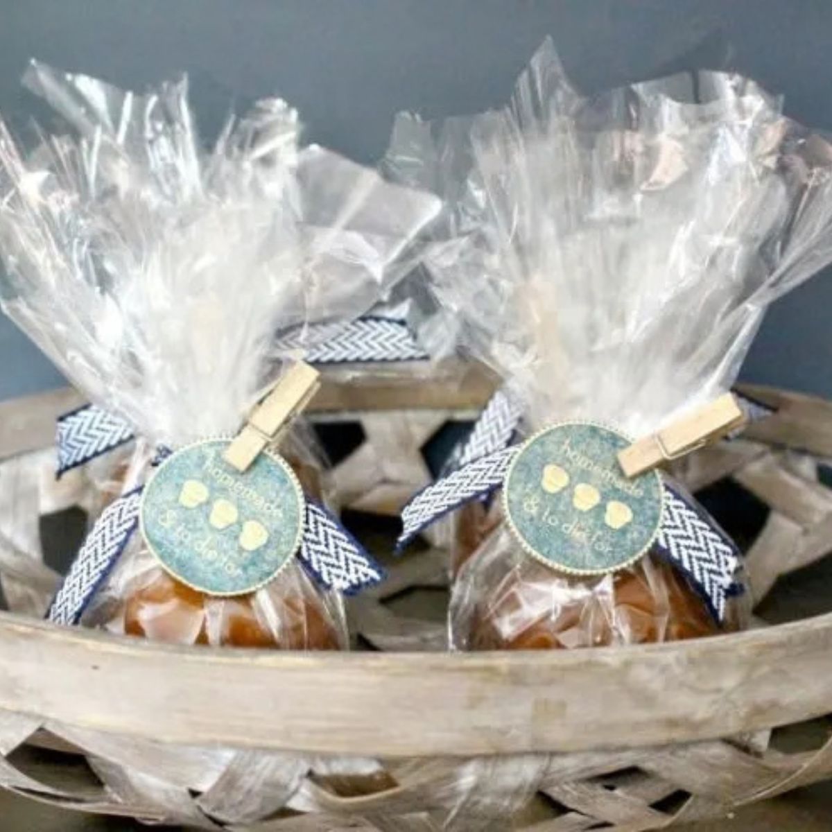 Caramel Apple Party Favors with gift tags in basket