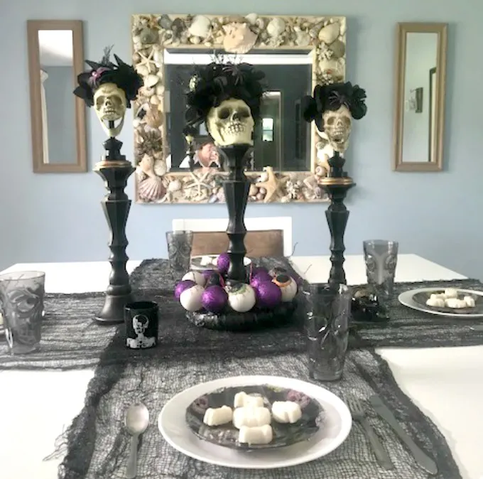 halloween tablescape with sugar skulls