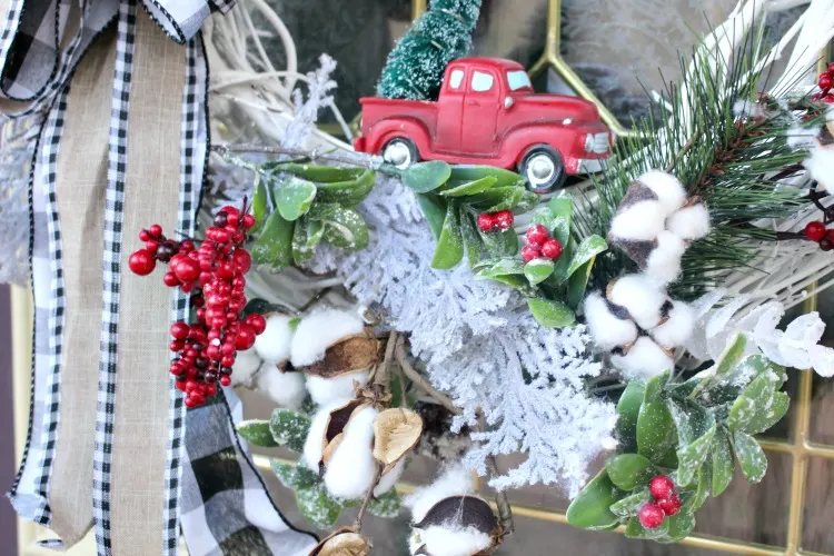 grapevine wreath with cotton stems and little red truck