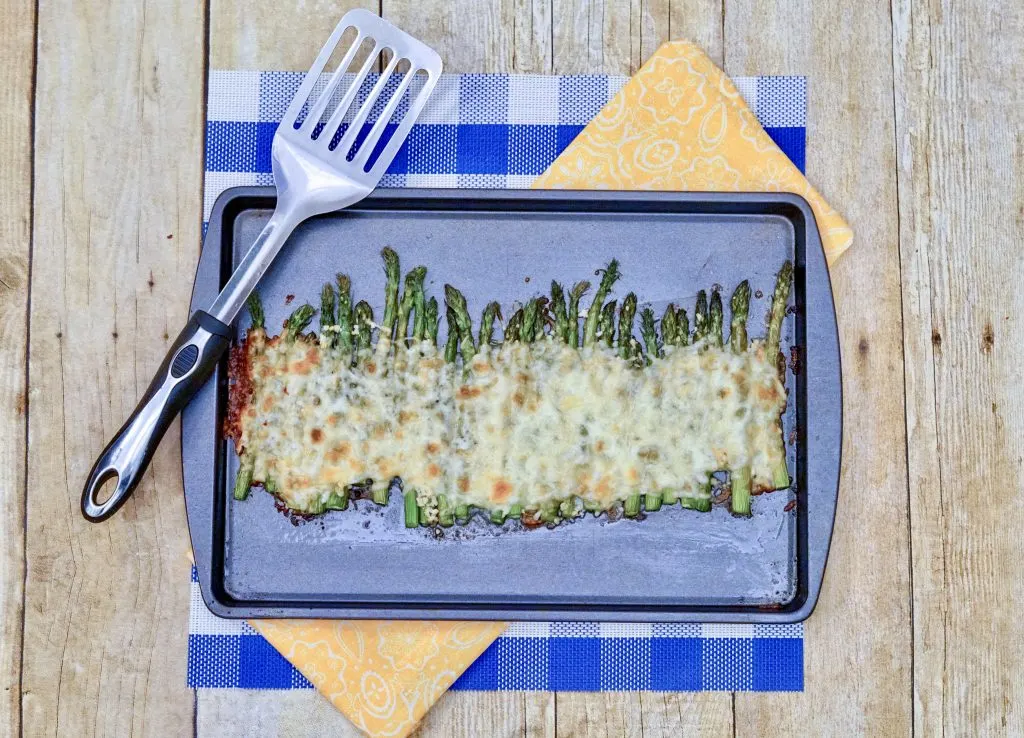 cheesy asparagus on sheet pan
