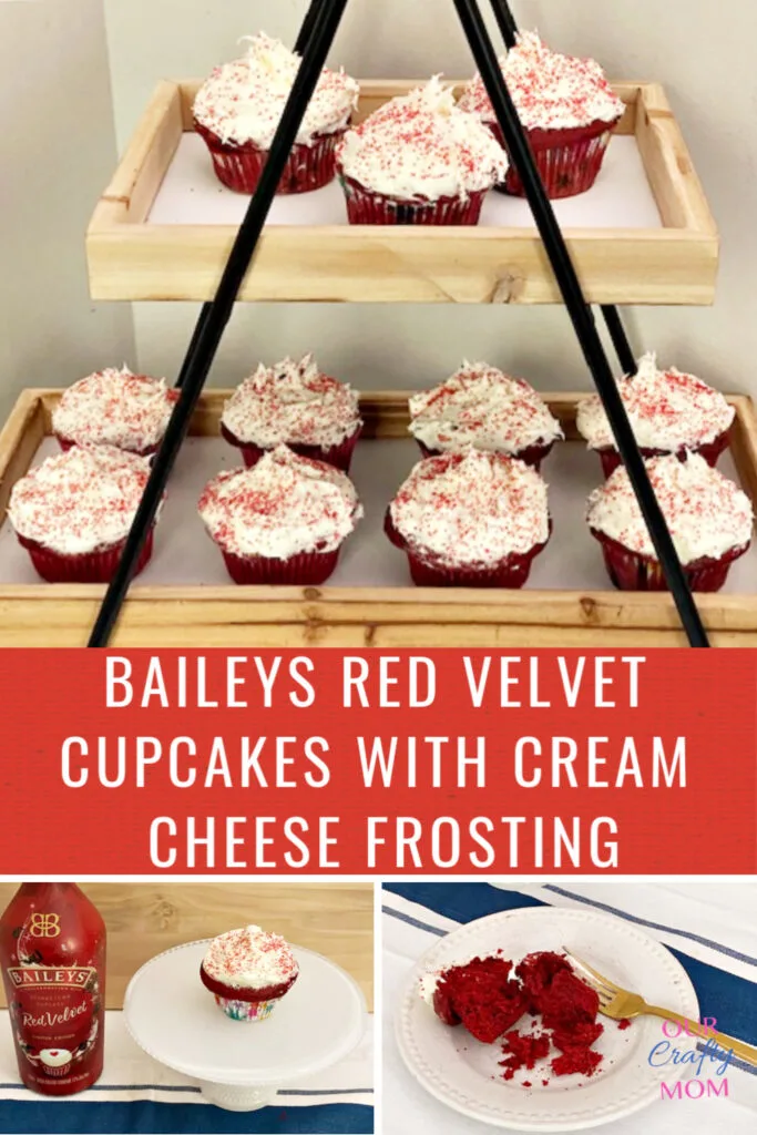 baileys red velvet cupcakes on tiered tray