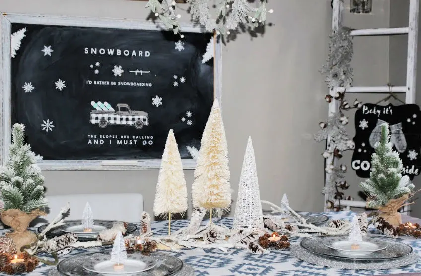 winter tablescape with chalkboard