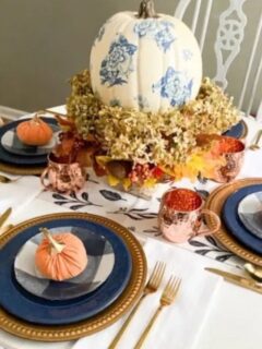 blue and orange fall tablescape