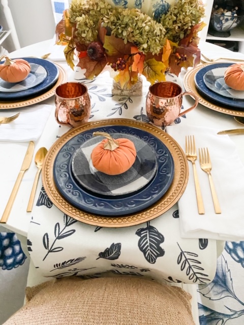 fall tablescape ideas in blue and orange