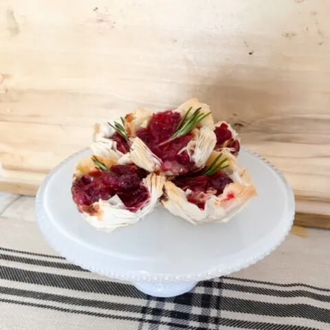 cranberry brie bites on white cake plate