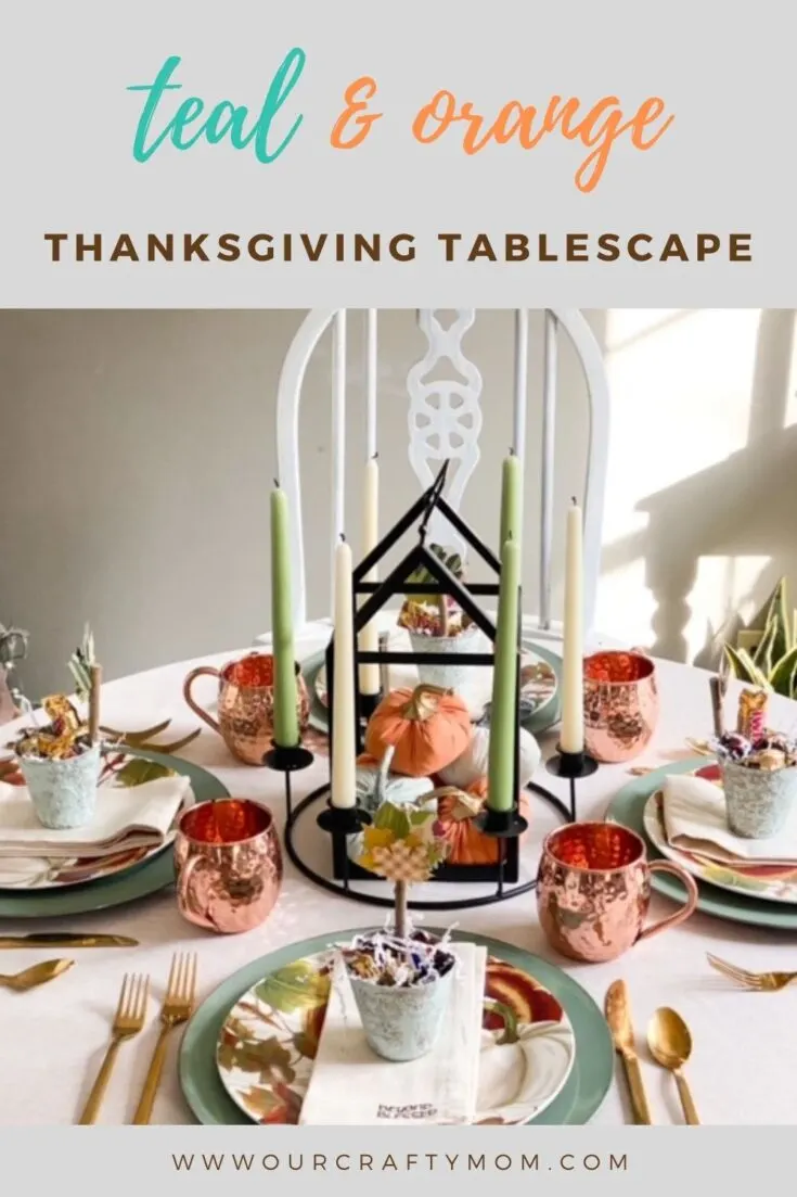 thanksgiving tablescape in teal and orange