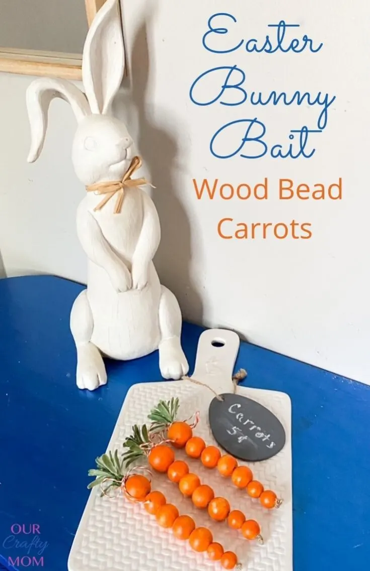 diy wood bead carrots on ceramic board with white bunny