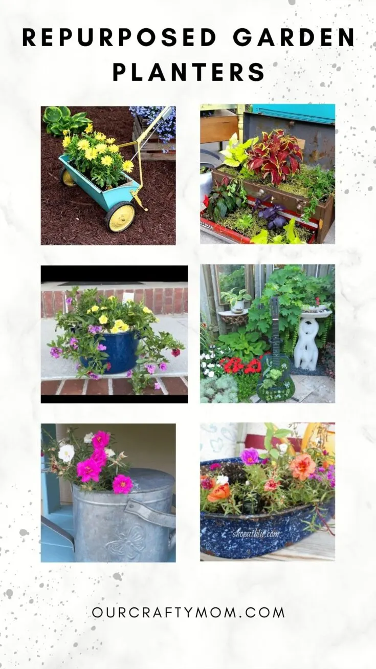 collage of repurposed garden planters with text overlay