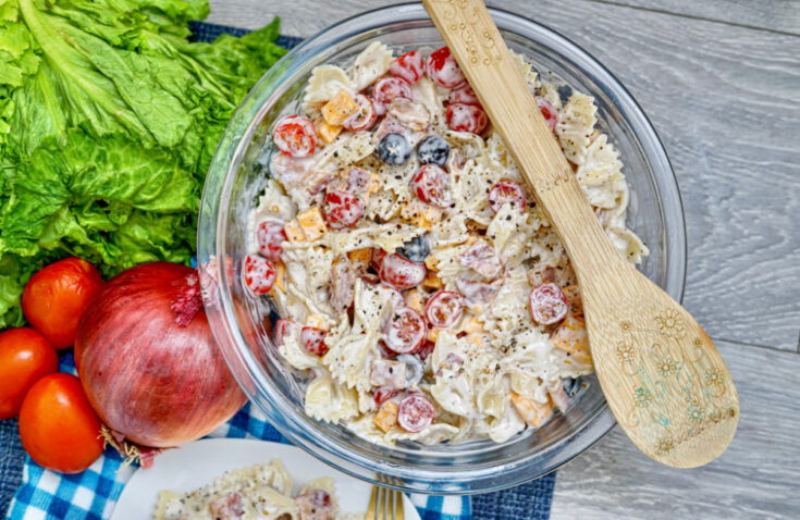 finished Bacon Cheddar Ranch Pasta Salad 