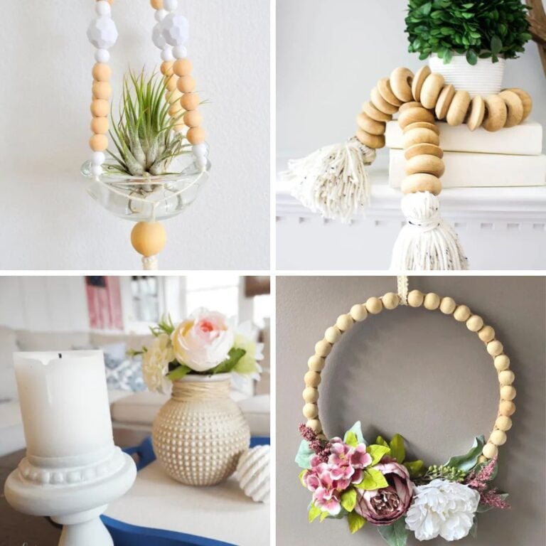 4 DIY wooden bead craft ideas showcasing handmade bead decor, farmhouse decorations, and creative home accessories.