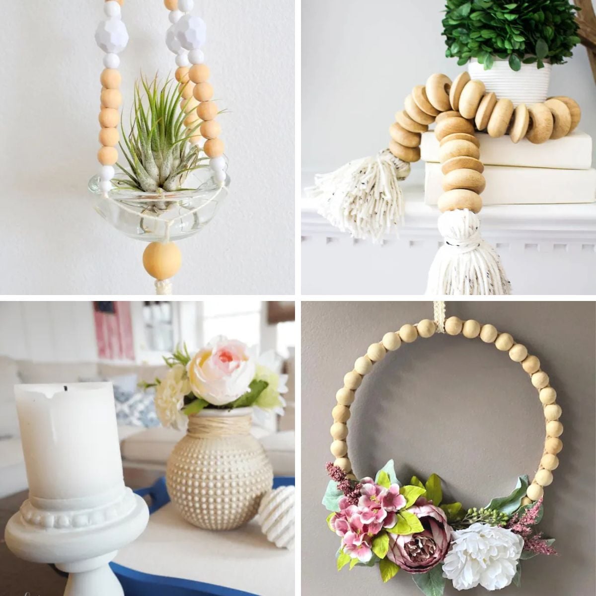Four DIY wooden bead craft ideas showcasing handmade bead decor, farmhouse decorations, and creative home accessories.