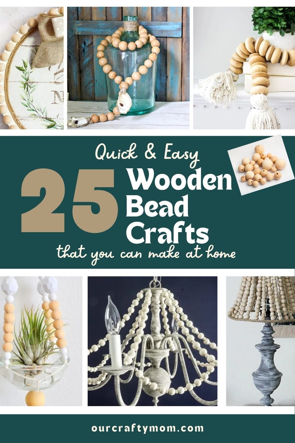 Collage of six wooden bead crafts for adults, including DIY bead decor, garlands, wreaths, and boho home accents.
