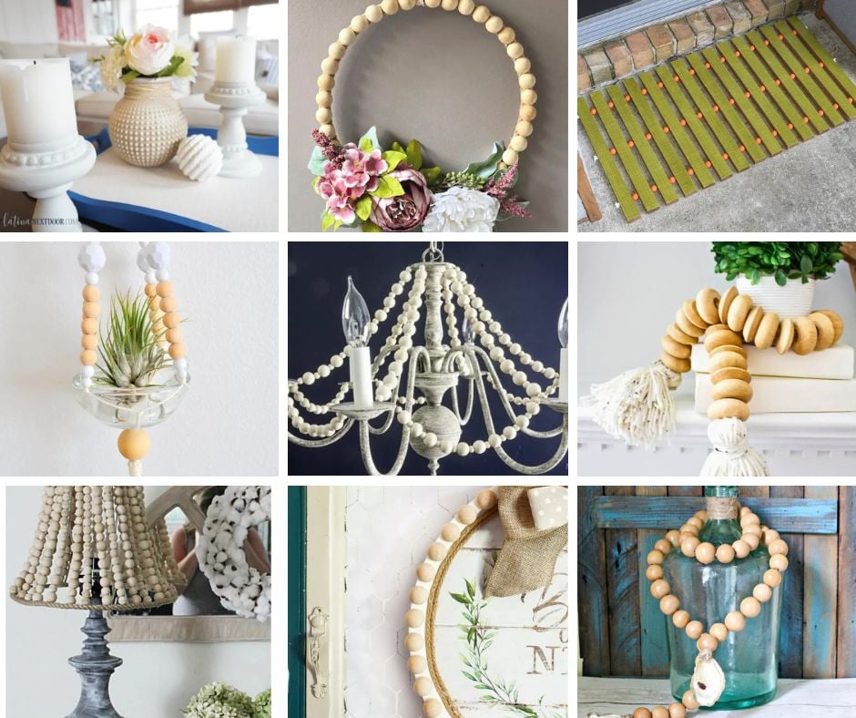 Collage of 9 DIY wooden bead crafts featuring garlands, wreaths, planters, vases, and farmhouse home decor ideas.