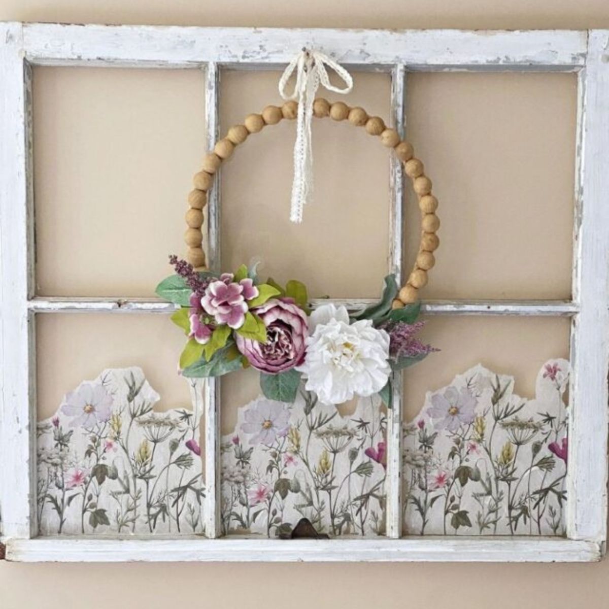 square image of antique window with dixie belle decoupage paper