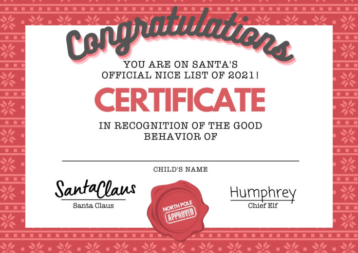 Santa’s Good Behavior Certificate Free Christmas Printable red and white