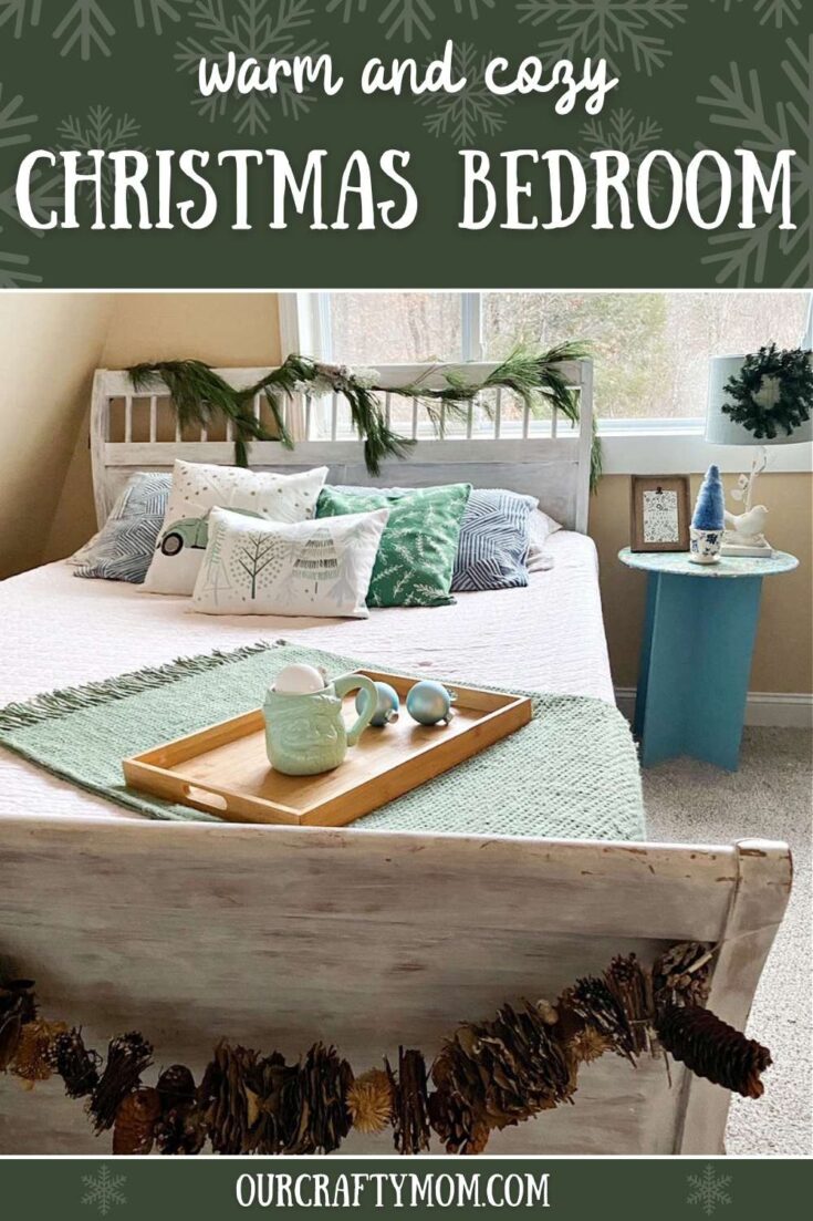 Woodland Themed Cozy Christmas Bedroom pin image with text