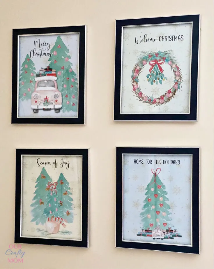 Free Watercolor Christmas Printables (6 Vintage Pastel Designs) in frames on wall