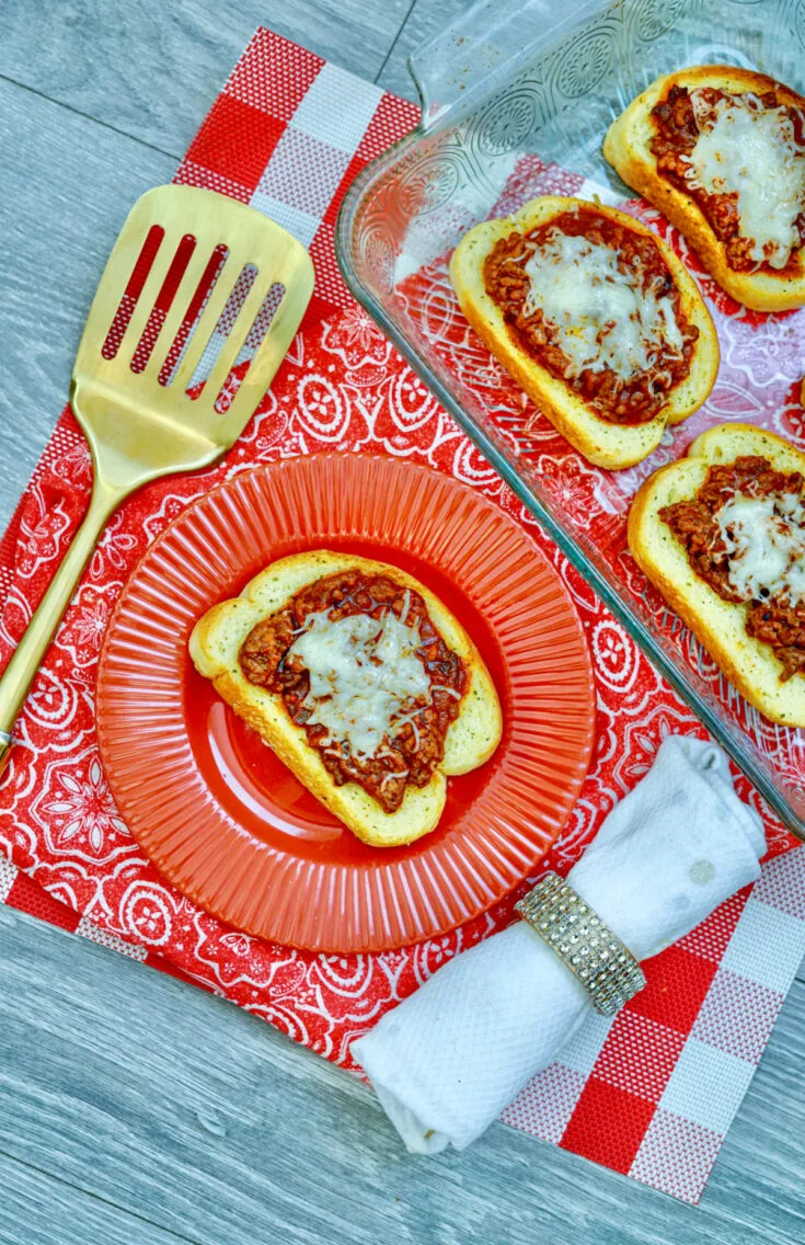 vertical texas toast sloppy joe's with gold spatula