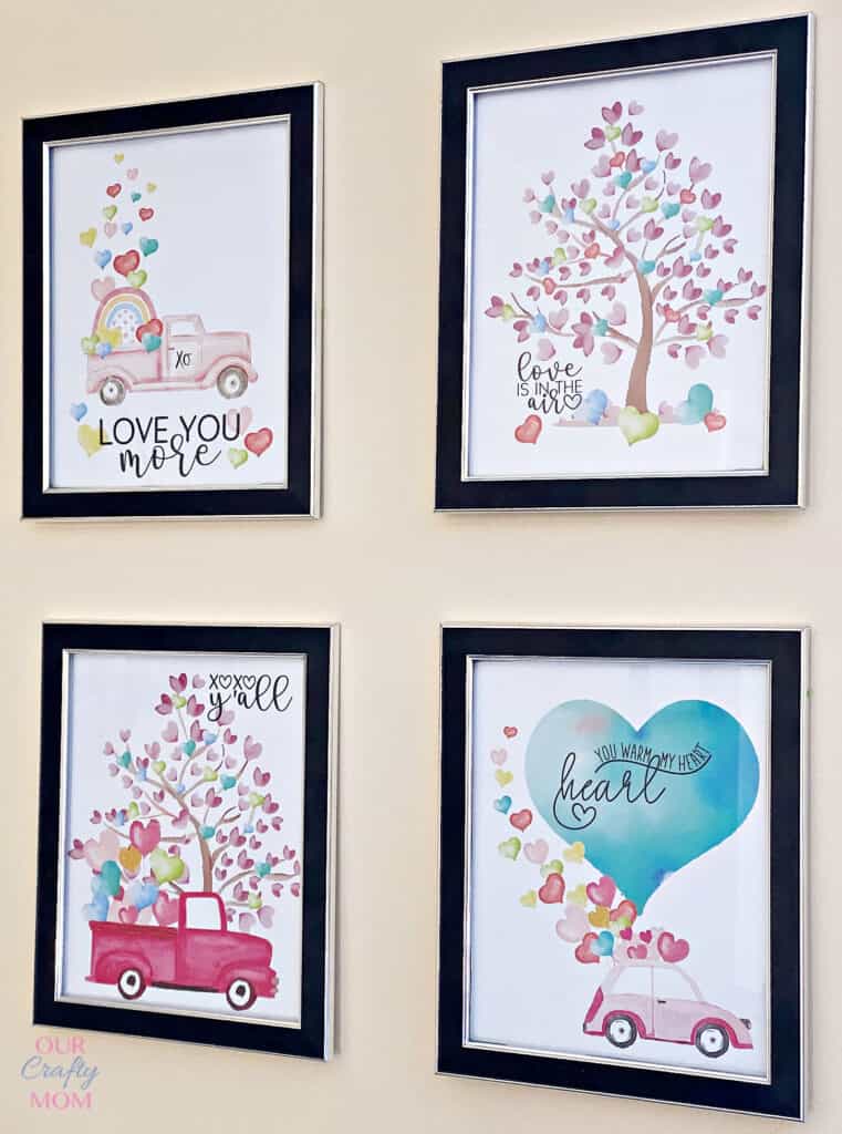 watercolor printables hanging in living room