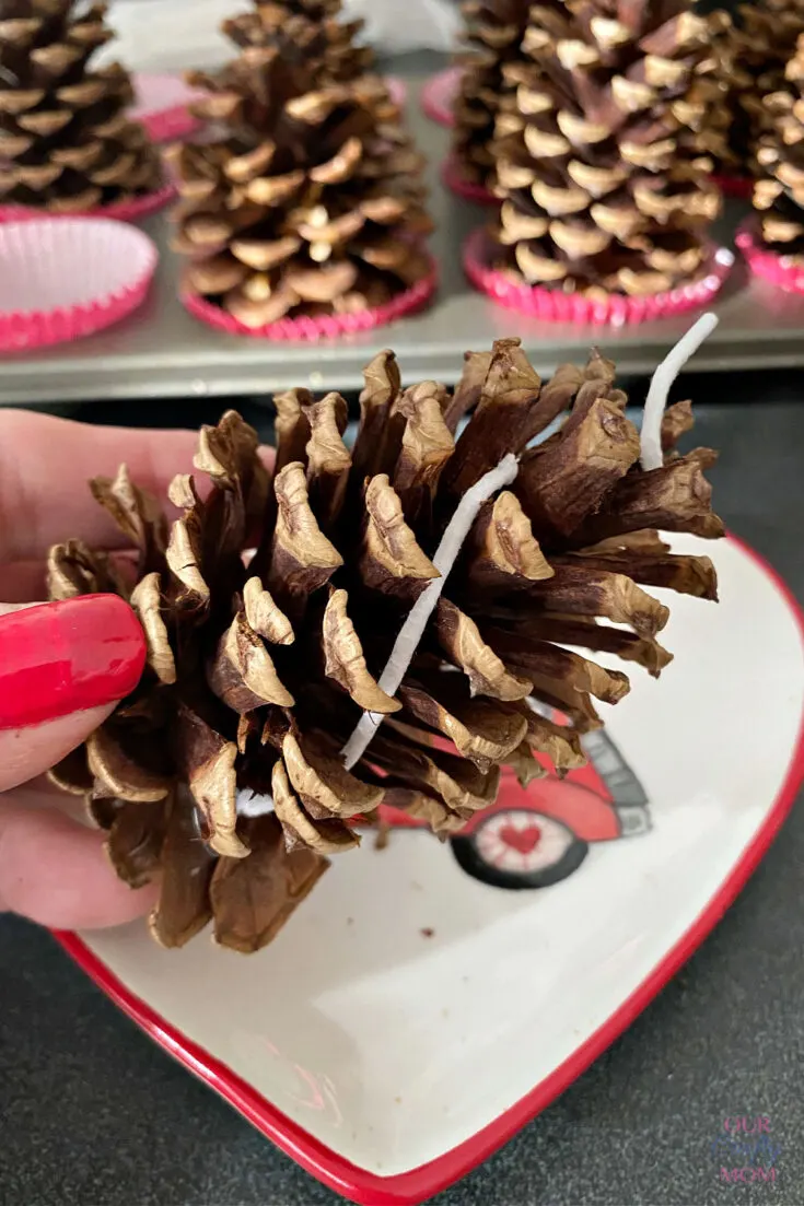 adding candle wicks to pinecones